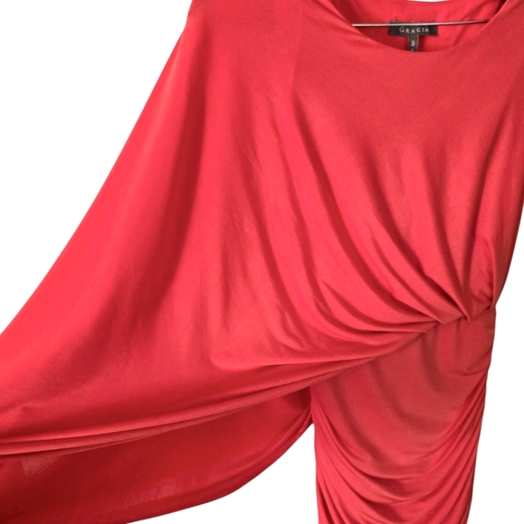 *Flawed*‎ Gracia Mendocino Asymmetrical Coral Draped Shoulder Ruched Mini Dress - Picture 2 of 10